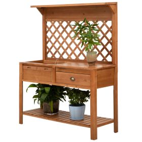 Garden Potting Bench Outdoor Wooden Workstation with Metal Screen Drawer Hooks Storage Shelf Lattice Back
