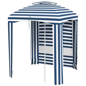 Chic Beach Umbrella, 5.8ft, Blue-White Stripe, Airy Windows, Ruffles, Portable