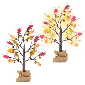 2Pcs 2FT Artificial Lighted Maple Tree With 24Pcs Warm White LED Beads 6Hrs Timer Battery Powered Artificial Fall Tree Tabletop Indoor Outdoor Fa